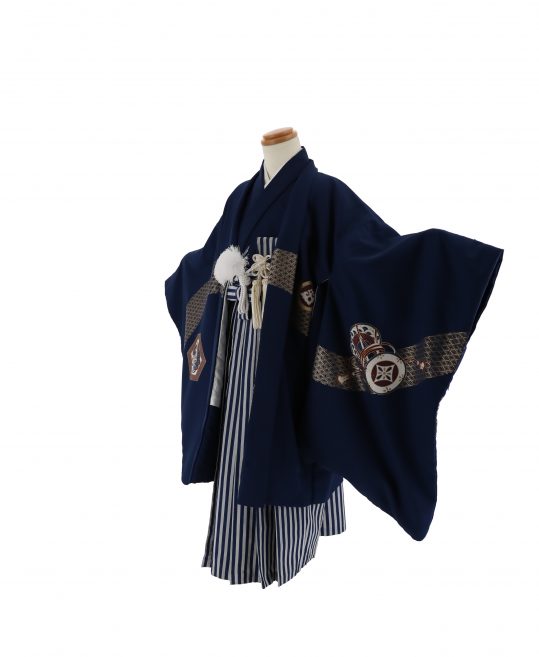 七五三の四つ身[5歳男の子用]紺色　兜、鼓　袴/紺×グレーのストライプ No.75A